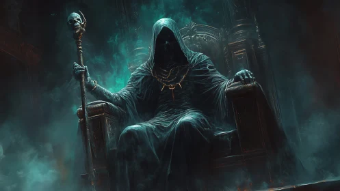 Hooded skeletal ruler seated on ornate dark throne.