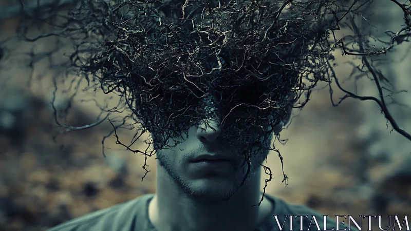 Man with tangled branches obscuring face in moody forest