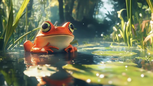 Colorful frog rests in sunlit pond amid lush wetland plants.