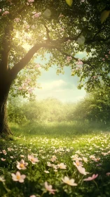 Sunlit spring meadow glows beneath blossoming tree canopy