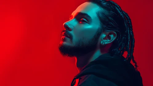 Side profile portrait shows man in blue light on red background