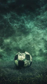 Digital painting of worn soccer ball on misty green pitch.