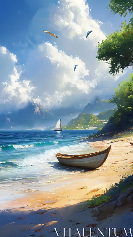 Quiet sailboat dreams along a sunlit turquoise shoreline.