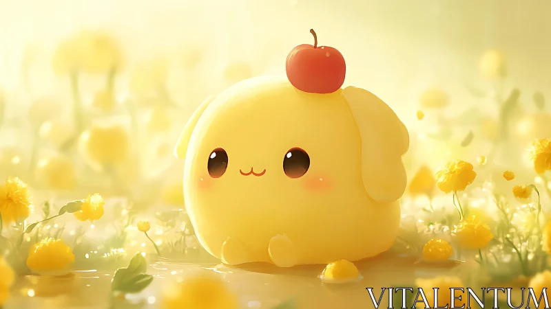 Sunny yellow blob creature with cherry in dreamy field.