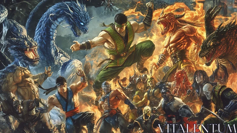 Legendary warriors clash amid roaring dragons and elemental fire