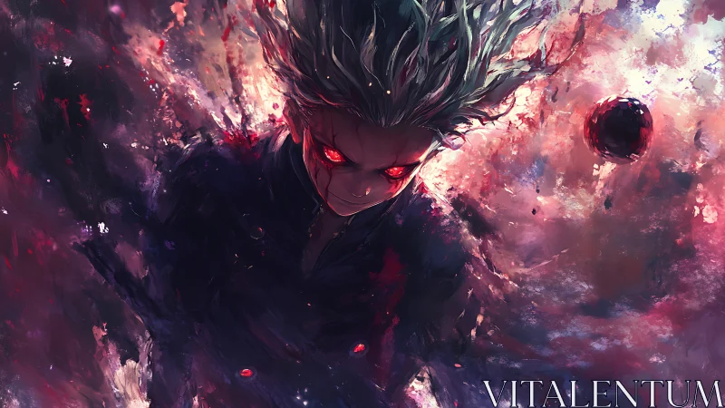 Demonic warrior emerges from swirling cosmic chaos.