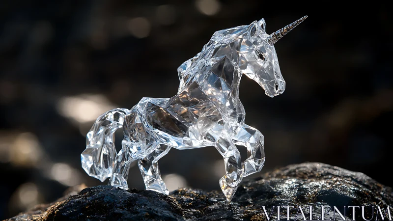 Crystal unicorn figurine stands on dark wet rocks outdoors
