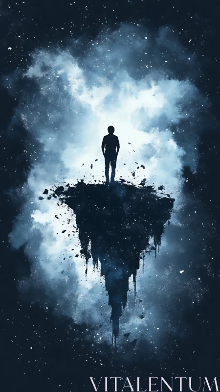 Solitary dreamer atop an inverted island adrift in starlight.