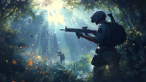 Sunlit jungle ambush freezes soldiers in a blue-green hush