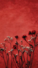 Red Carnations and Baby's Breath Against Textured Crimson Background