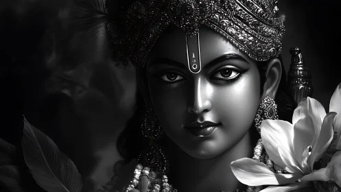 Divine monochrome portrait of jeweled deity with lotus flowers.