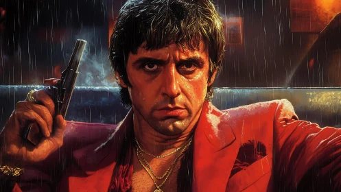 Hyperreal rain-soaked gunslinger in saturated neon chiaroscuro.