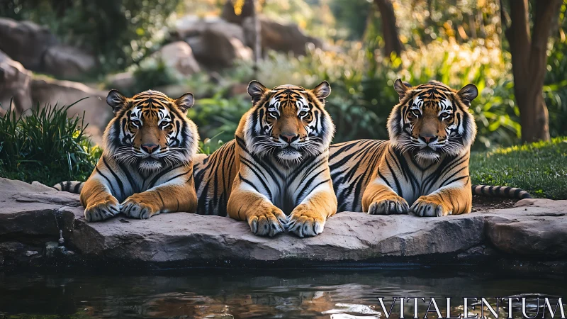 Three Bengal Tigers Resting Beside Water with Lush Forest Backdrop.
