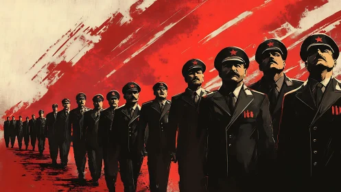 Uniformed officers march beneath bold red propaganda sky.