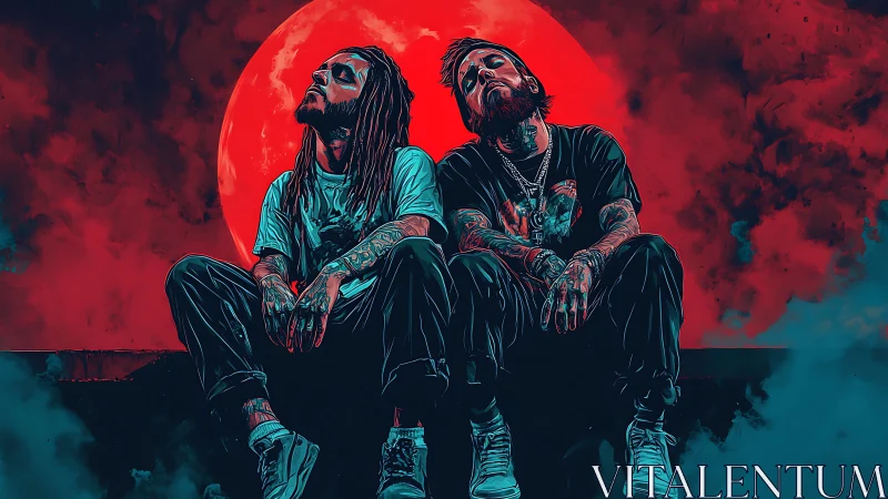 Dual tattooed figures under red lunar backlight in teal haze