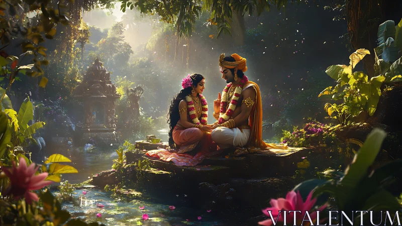 Divine couple share quiet devotion in lush jungle sanctuary