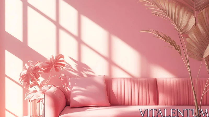 Monochrome pink sofa and plants glow in soft afternoon light.