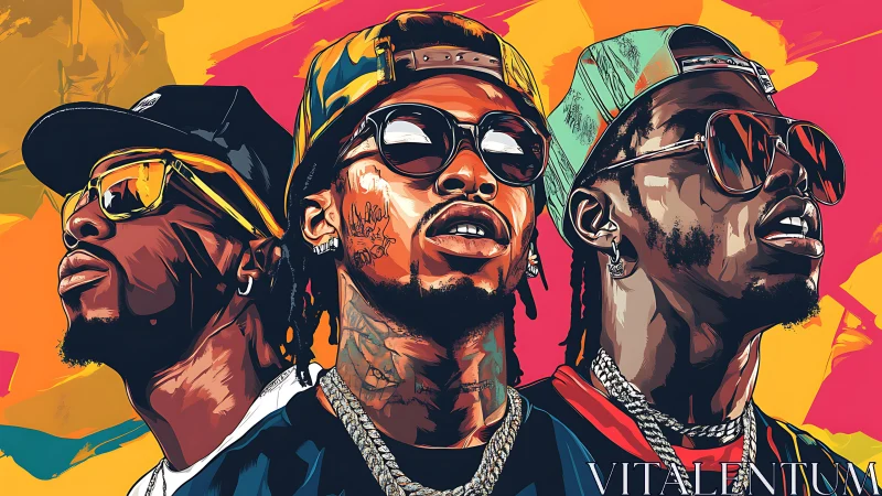 Bold hip hop trio portrait in neon urban graphic style.
