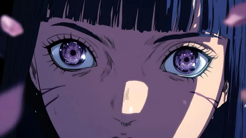 Intense close-up of anime girl with glowing violet eyes.