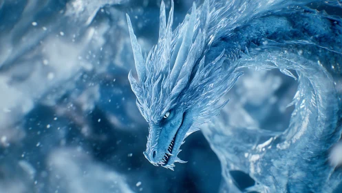 Frostbright dragon curling through a swirling winter storm.