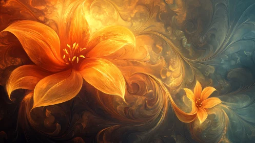Fractal luminous orange lilies in swirling abstract vortex