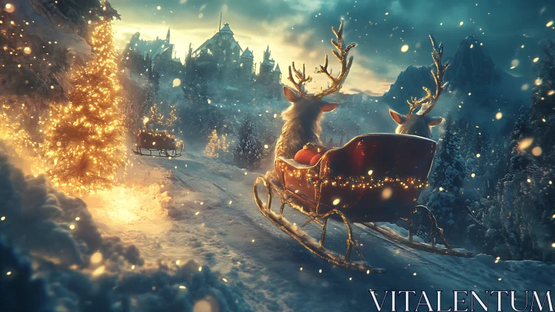 Reindeer sleigh descends glowing snowy path toward distant village