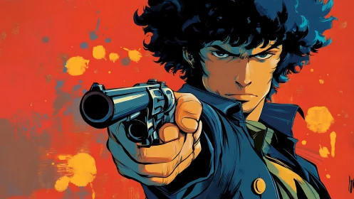 Male anime gunman in close frontal view on red backdrop.