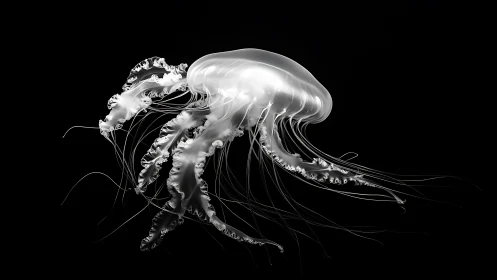 Translucent jellyfish drifting in stark black water.