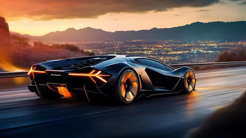 Midnight hypercar racing above luminous valley cityscape.