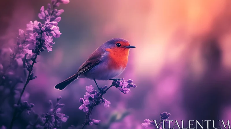 Red robin perches among purple flowering branches in diffused light.