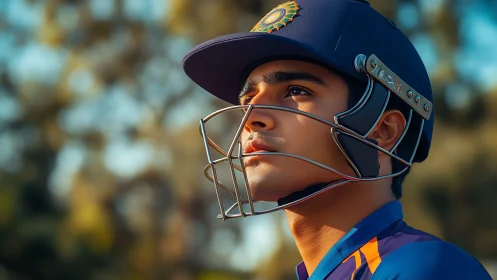 Helmeted dreamer studies the sky like a spinning cricket ball