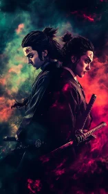 Two samurai stand back to back amid contrasting colored smoke