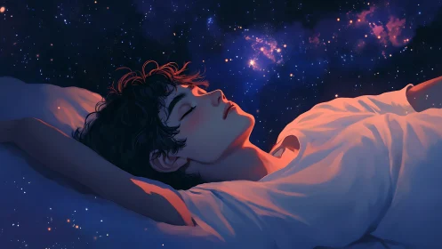 Stargazing dreamer afloat on midnight cosmic pillow.