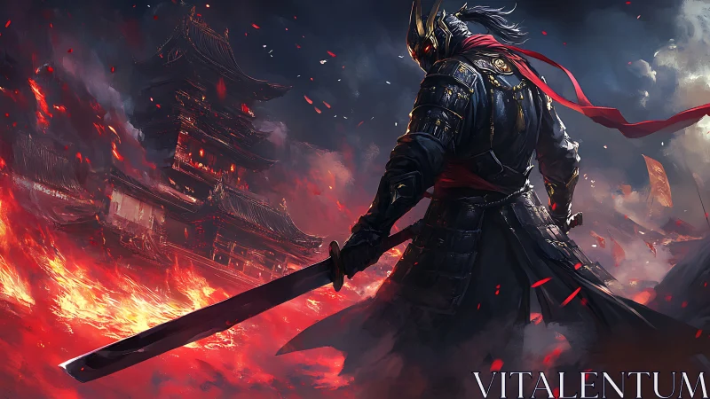 Armored samurai warrior before burning pagoda at nightfall