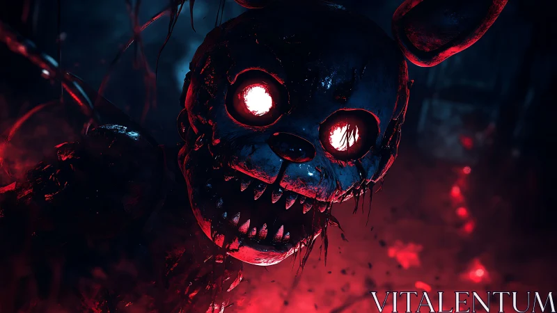 Grotesque animatronic rabbit lunges through red fog.