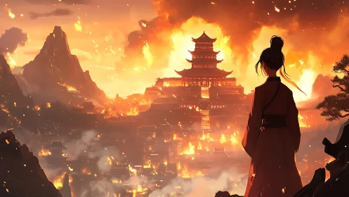 Young warrior watches a burning mountain palace at dusk.