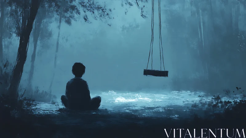 Moonlit child and empty swing in a hush-blue forest dusk.