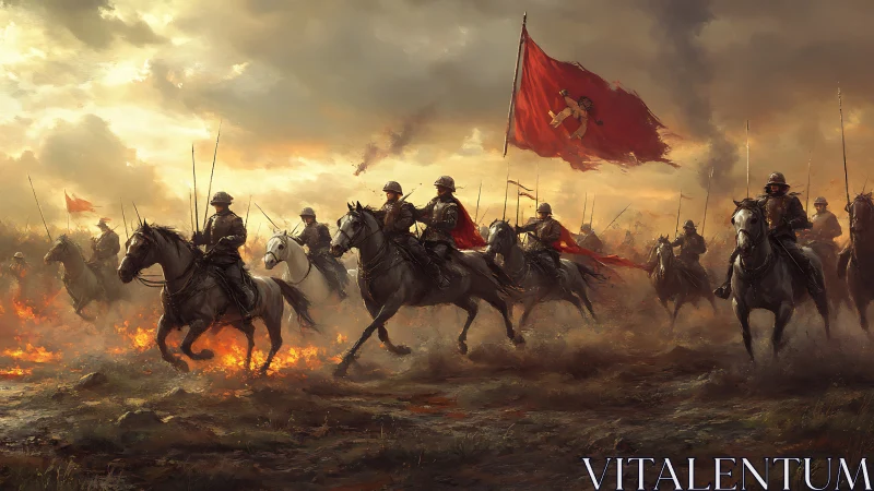 Armored cavalry charge across burning battlefield at dusk.