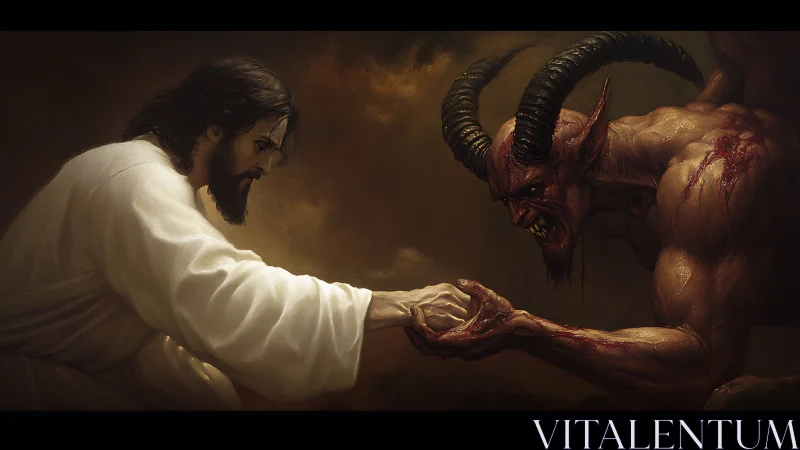 Dramatic chiaroscuro duel frames robed figure versus horned demon