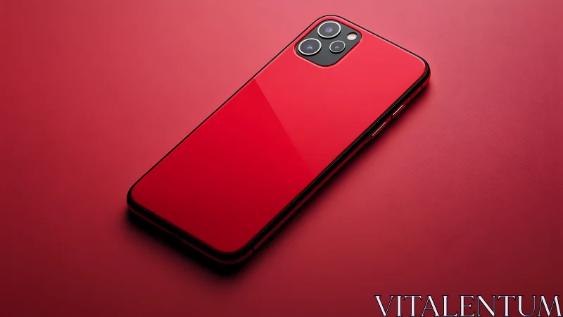 Red Smartphone with Quad Camera Setup on Crimson Surface.