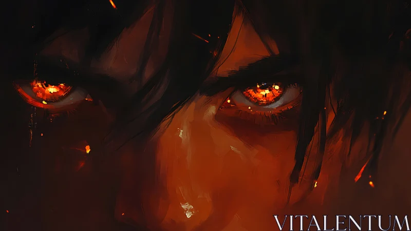 Fiery-eyed warrior portrait in dramatic digital painting.