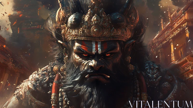 Imperial demon warlord glowers over burning temple city.