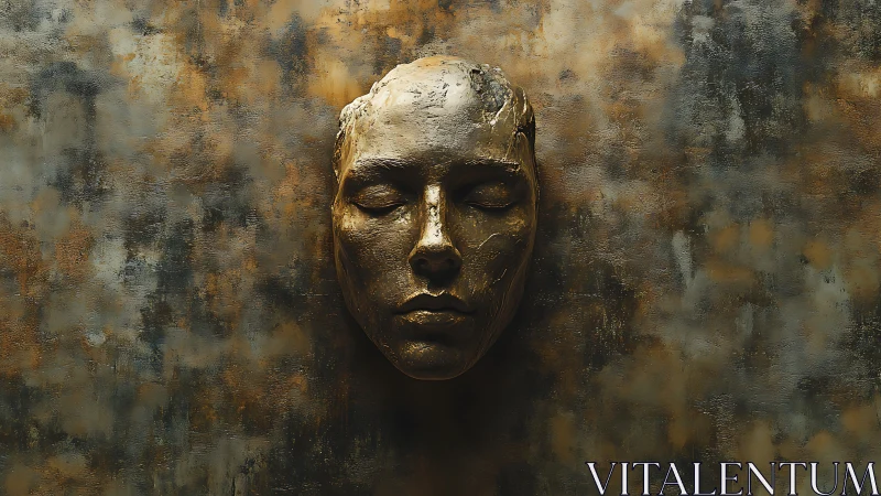 Bronze sculpted human face mask mounted on textured wall