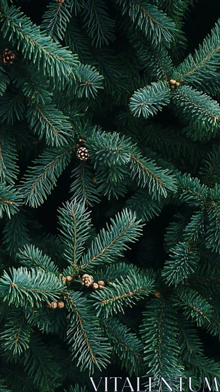 Evergreen fir branches fill the frame in rich forest tones.