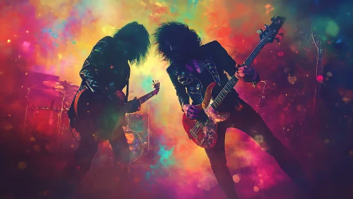 Backlit rock guitarists in neon particle field with dynamic motion blur