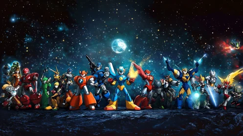 Star-drenched mecha heroes ignite a cosmic battle line