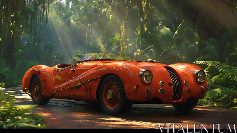 Vintage orange roadster glows under cinematic jungle light