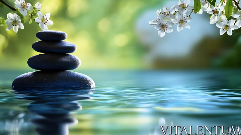 Gentle river stones and blossoms in a calm zen retreat.