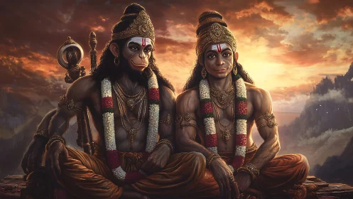 Mythic simian deities sit beneath blazing sunset sky.