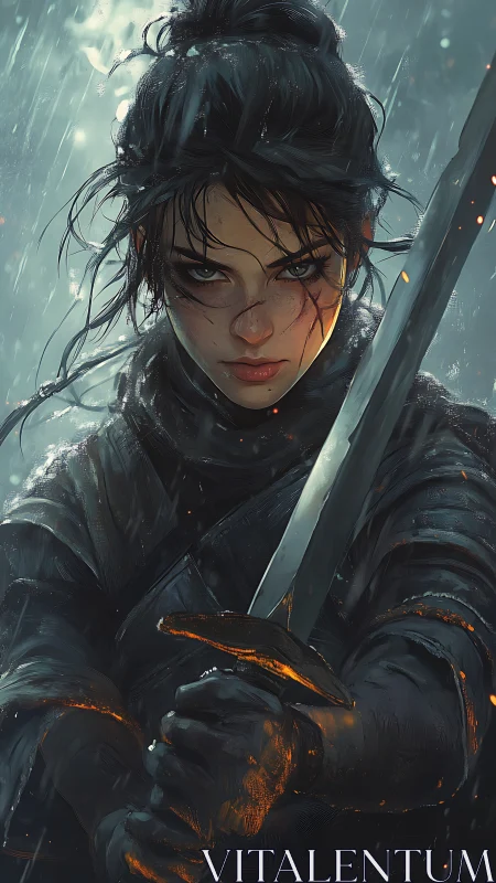 Stormlit warrior steadies her blade with fierce resolve